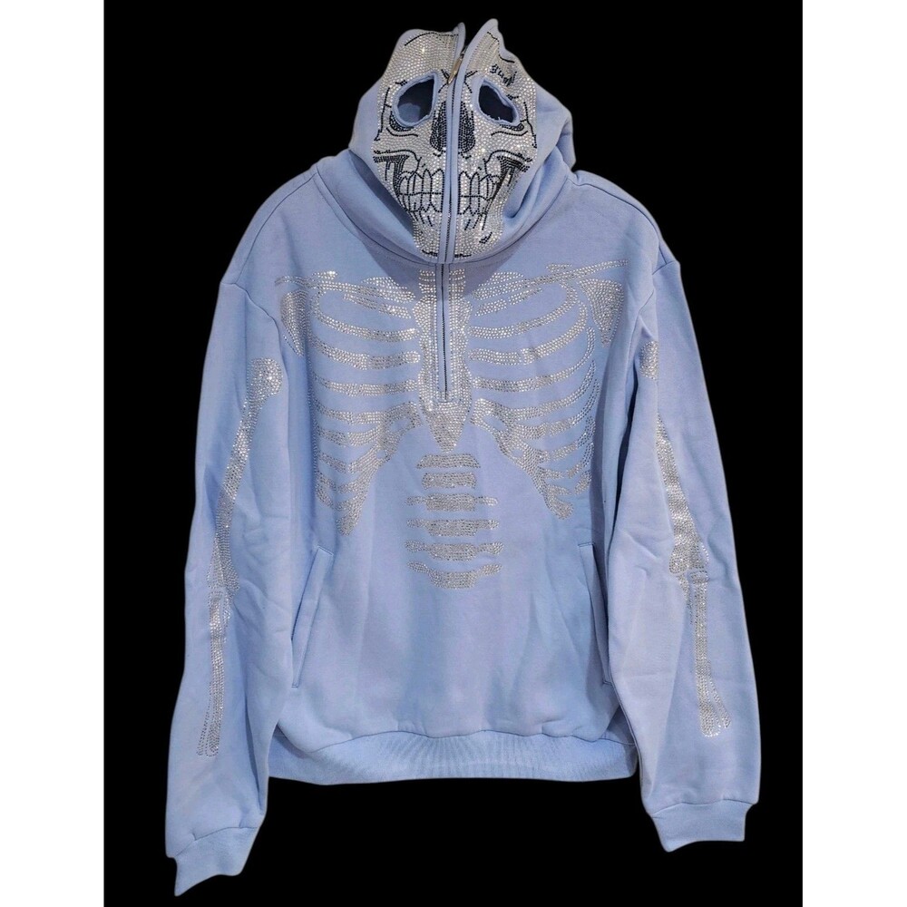 Guapi Skeleton Hoodie Mens L Blue Rhinestone Crystal Zip Hood Limited Edition